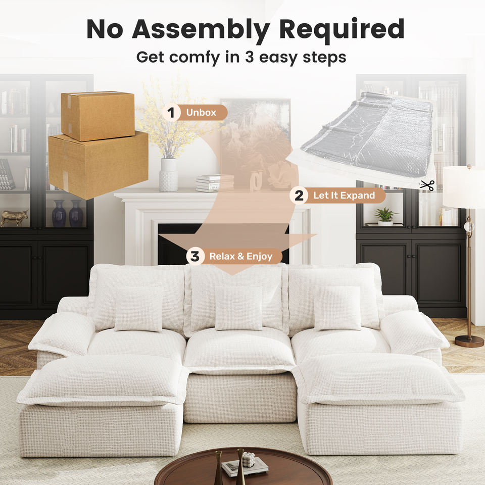Modular Modern Square Chenille Upholstered Sofa Bed Set with 2 Ottomans 3-Seater No Assembly Required Sponge-Filled for Hall Use