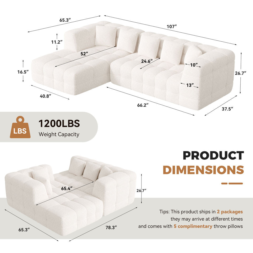 Modern Boneless Chenille L-Shaped Couch Oversized Cloud-Like Sofa Bed with Deep Seats for Living Room Large Space