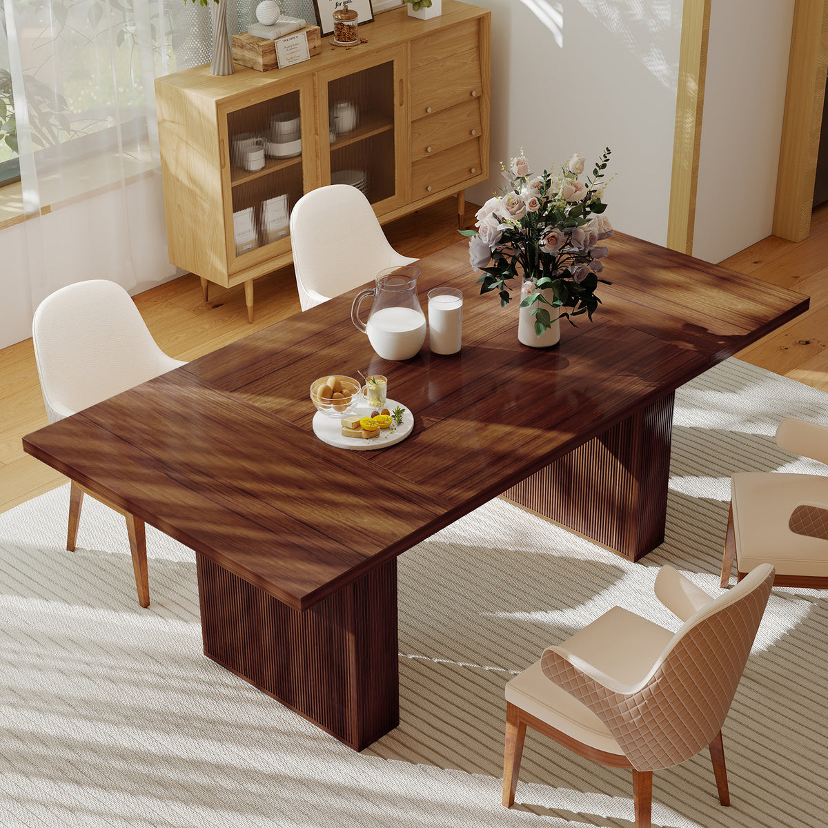 Rectangular Solid Wood Handmade Dining Table for 2 People Modern Farmhouse Design Grooved Wood-Strip Base Workshop Furniture