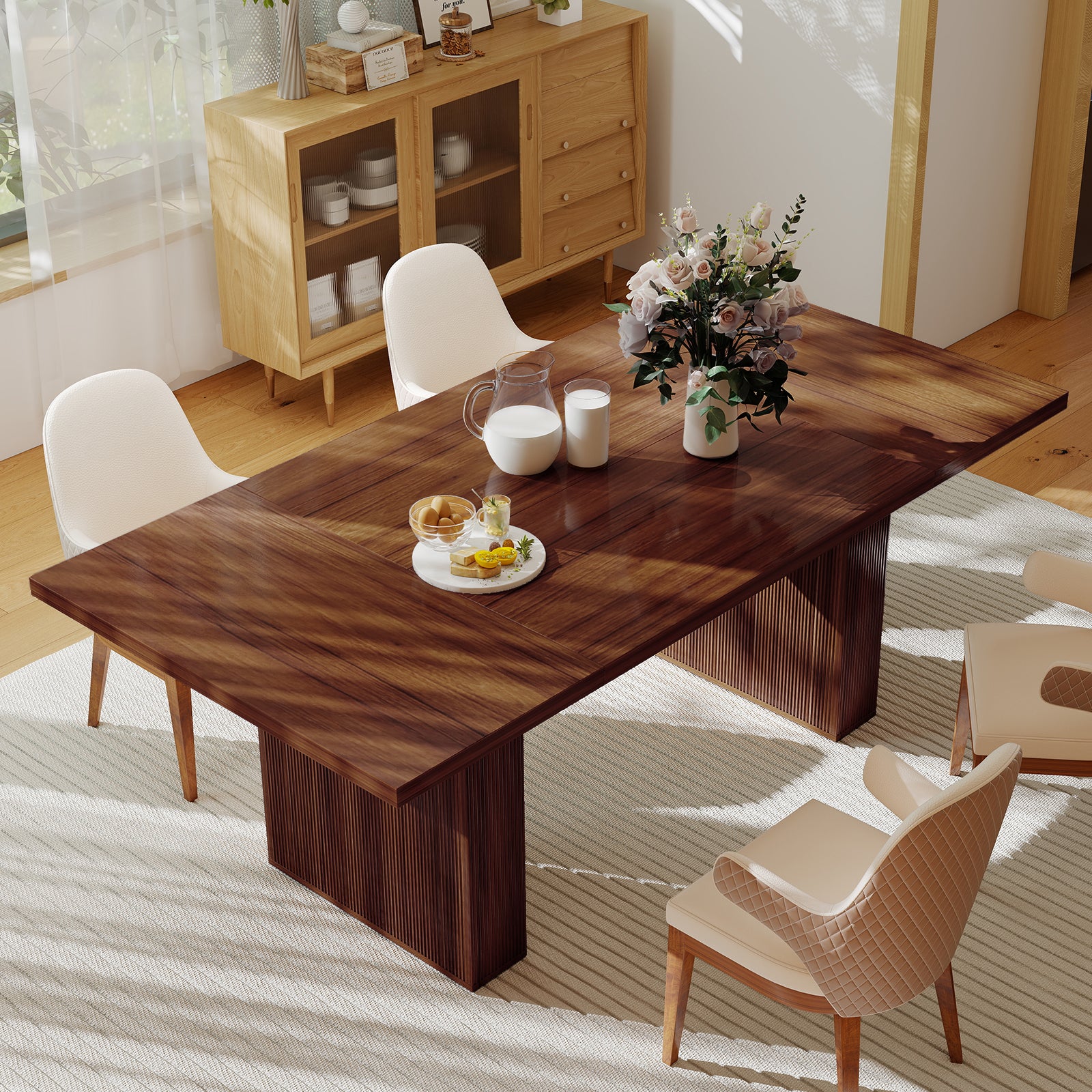 Rectangular solid wood dining table for 2 displaying its clean modern farmhouse lines