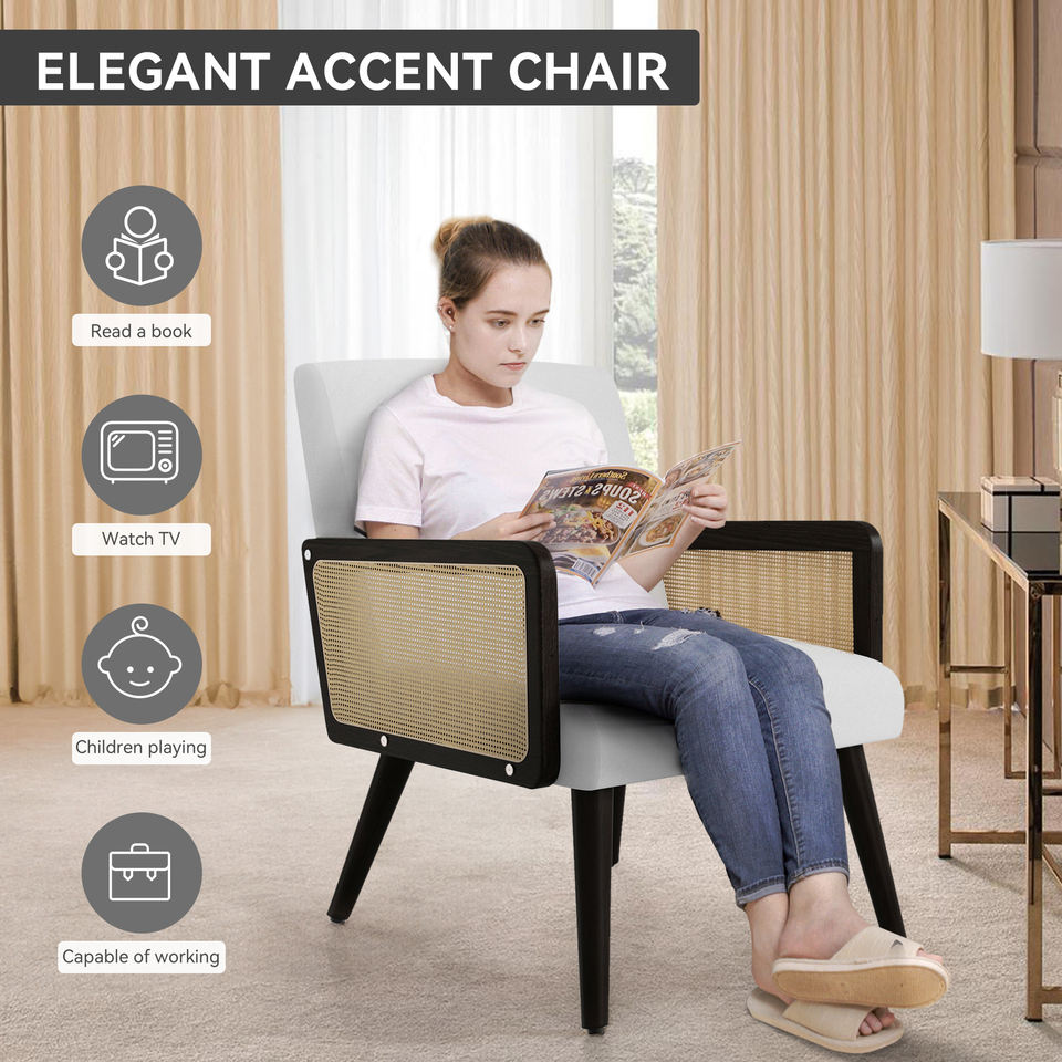 Modern Eco-Friendly Accent Chair with Rattan Arms and Iron Legs Massage Lounge Chair for Apartment Bedroom Dining Use