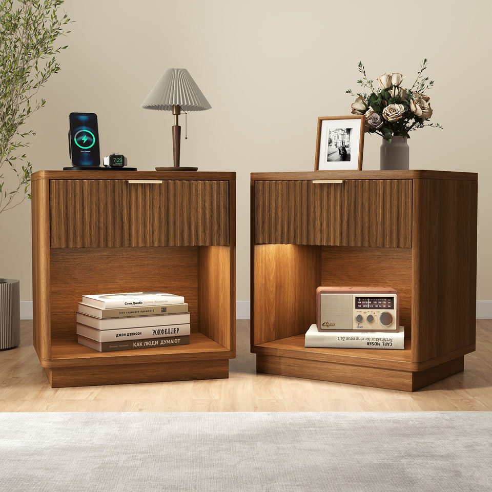 Multi-Functional Modern Eco-Friendly Wooden Nightstand Sensor LED Lights Charging Ports Open Storage Fluted Bedroom Furniture (Set of 2)