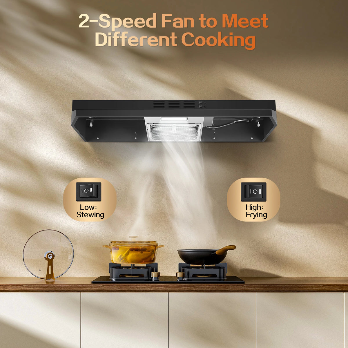 Range Hood 36 Inch Under Cabinet, Stainless Steel Kitchen Vent Hood 280CFM, Built-in Kitchen Stove Hood W/Rocker Button Control