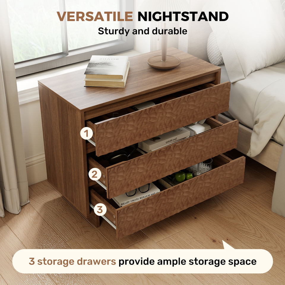 Modern 3-Drawer Wooden Nightstand USB Ports AC Outlets Waterproof Hidden Handle Eco-Friendly Handmade Apartment Bedroom Living
