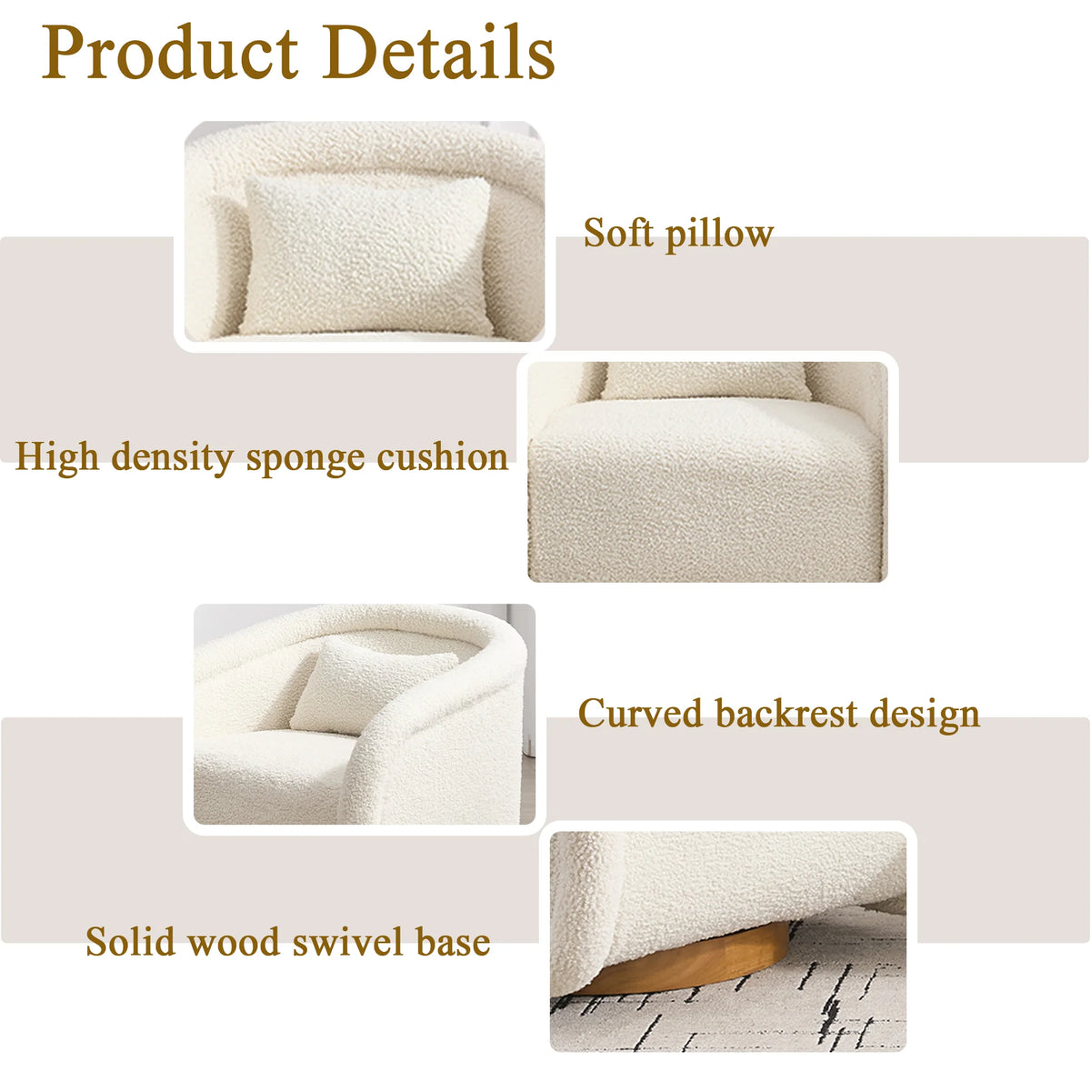 In Stock at Overseas Warehouse: 1pc/Box Luxury Boucle Fabric Swivel Accent Chairs for Living Room Furniture (white/wine Red)