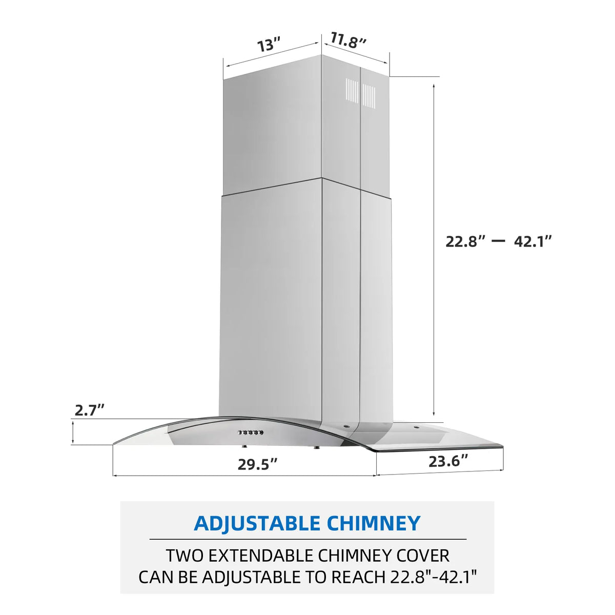 30 Inch Island Range Hood Stainless Steel  Kitchen Exhaust Ventilation Fan with 5-layer  Filters 3 Speed Fan  4 LED