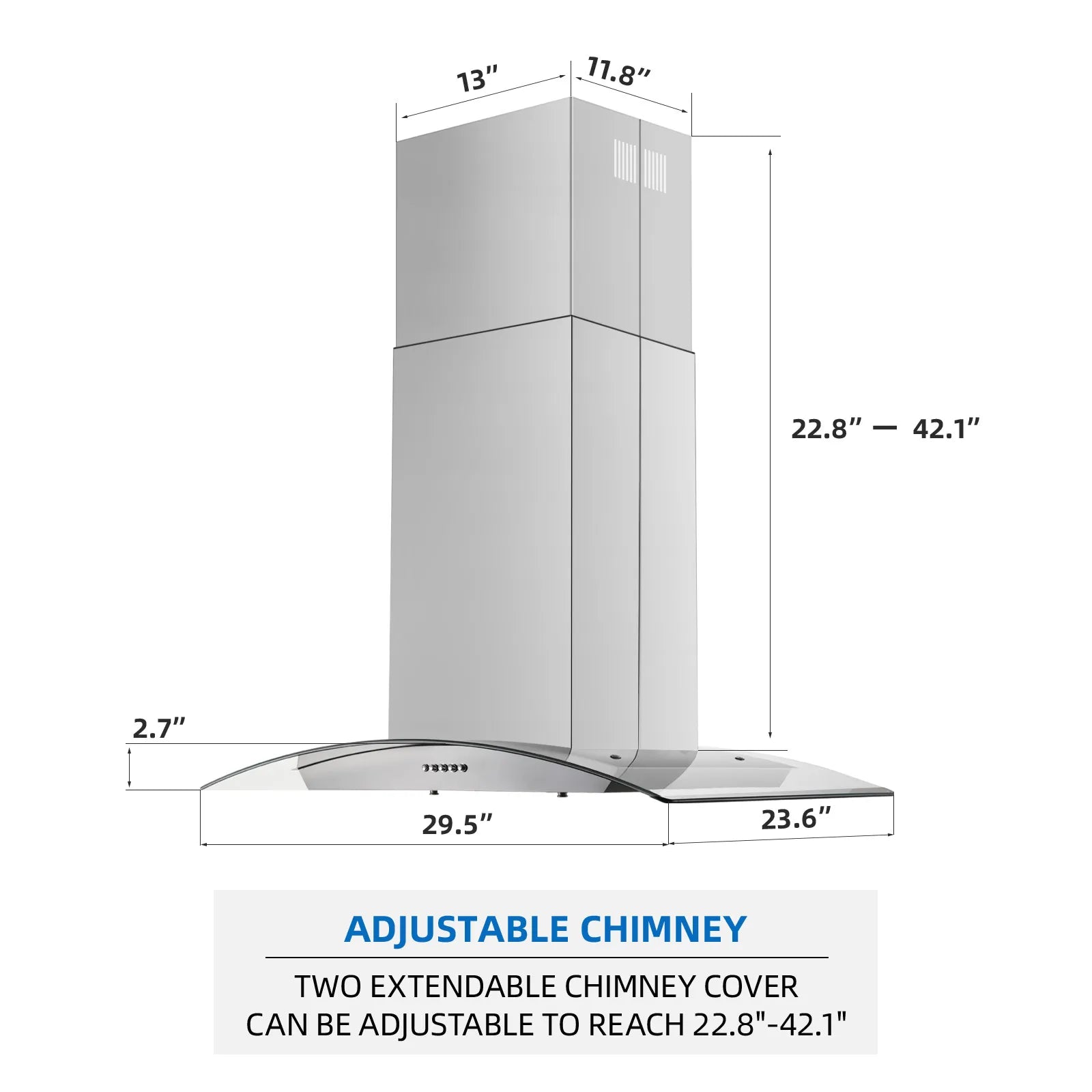 30 Inch Island Range Hood Stainless Steel  Kitchen Exhaust Ventilation Fan with 5-layer  Filters 3 Speed Fan  4 LED