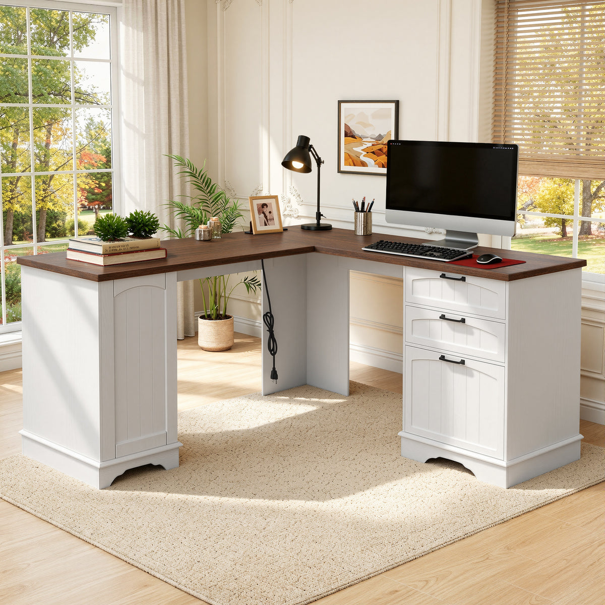 Modern L-Shaped Office Desk with USB Charging Drawers & File Cabinet Easy Assembly for Home & Office