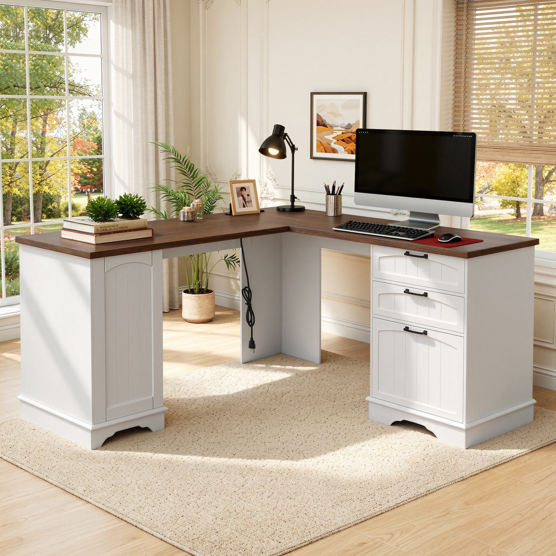 Modern L-Shaped Office Desk with USB Charging Drawers & File Cabinet Easy Assembly for Home & Office