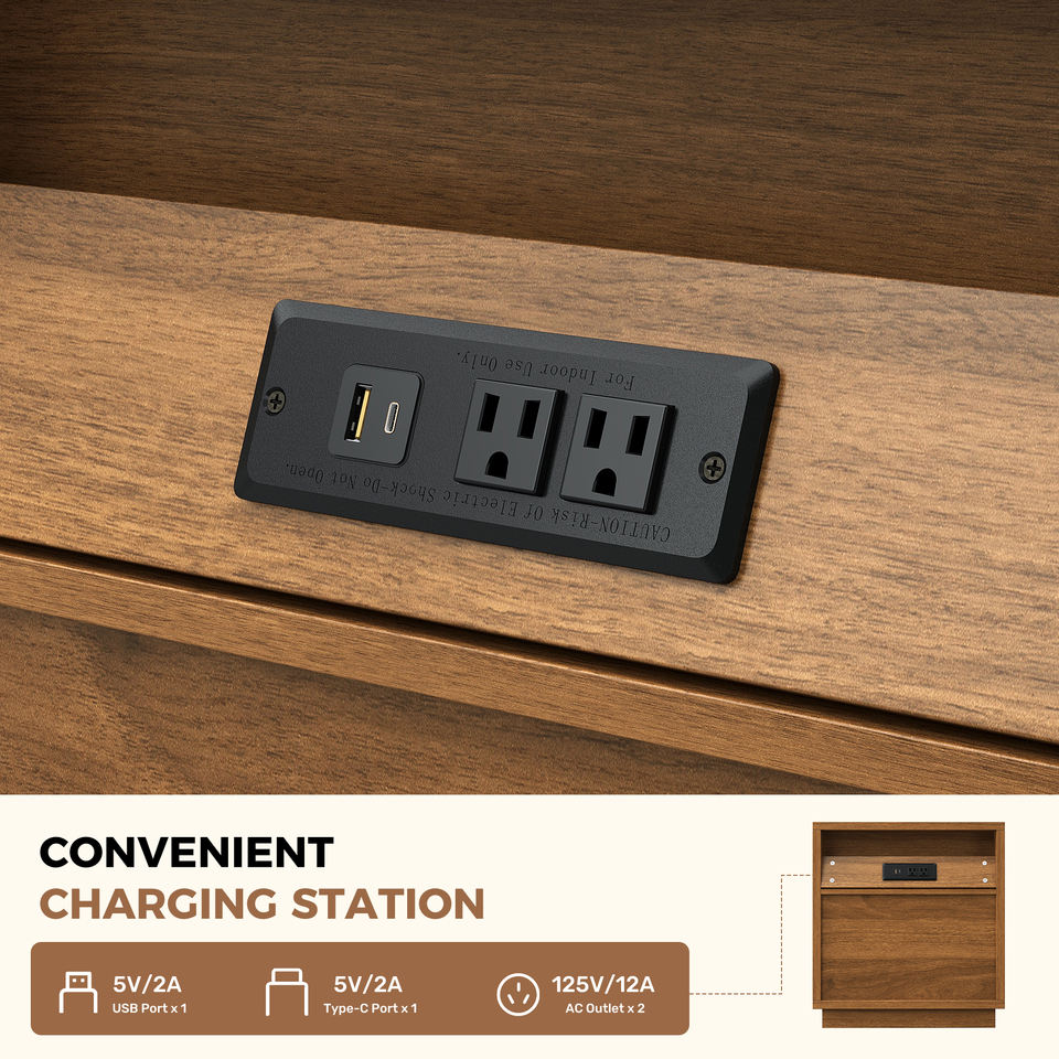 Multi-Functional Modern Eco-Friendly Wooden Nightstand Sensor LED Lights Charging Ports Open Storage Fluted Bedroom Furniture (Set of 2)