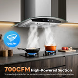 Range Hood 30 Inch Stainless Steel Chimney and Baffle Filters, Touch Control Fan Timer, LED Lights, 3 Speed Fan