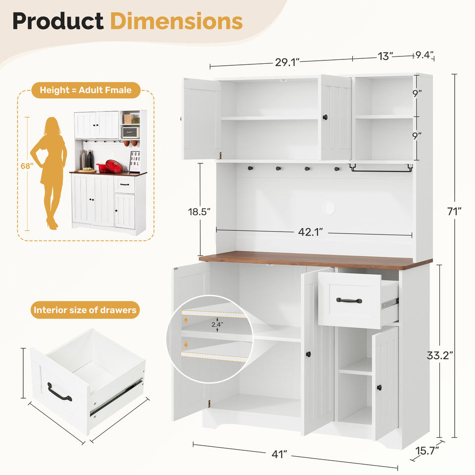 Solid Wood Modern Kitchen Pantry Cabinet Tall Storage Drawers Adjustable Shelves Freestanding Hutch Eco-Friendly Water Resistant
