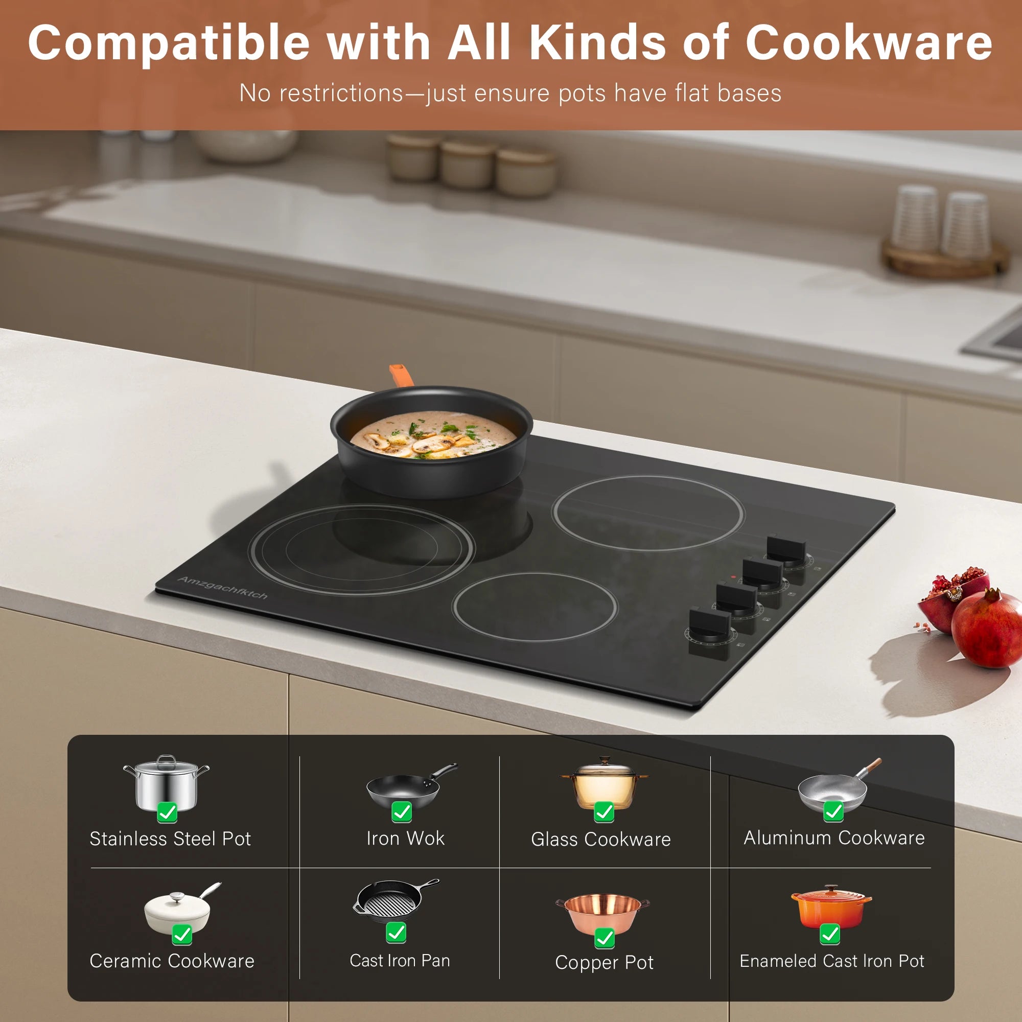 24inch Built-In 4 Burner Electric Cooktop, Dual-Ring Burners, 6700W Radiant Stove Top with Knob Control,Ceramic Hob