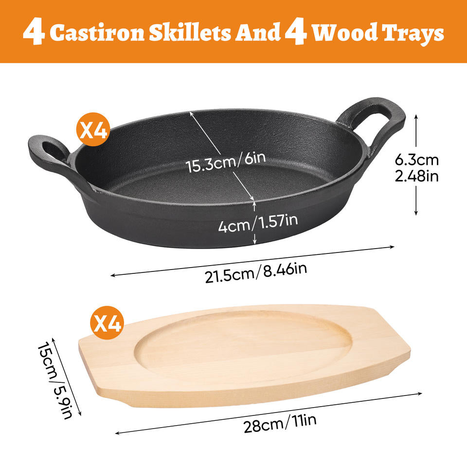 2 Pack Cast Iron Skillets Wooden Serving Trays Durable Eco-Friendly Food Safe No Coating PFOA/BPA Free Binaural Handles Baking (Set of 2)