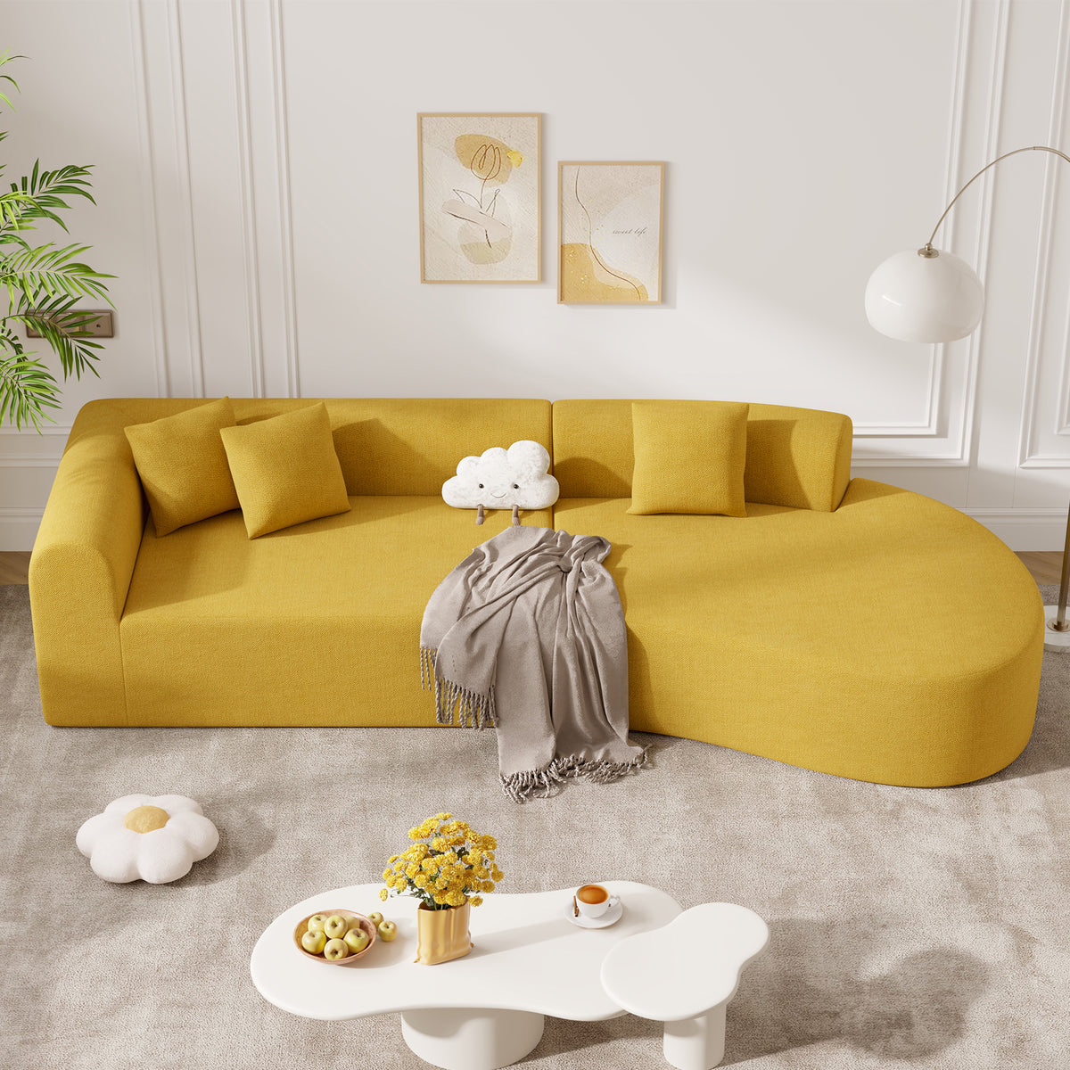 Modular Extendable Massage Sectional Sofa Modern Cloud Curved Design Deep Seat Chenille Covered Sponge Oversized Sofa