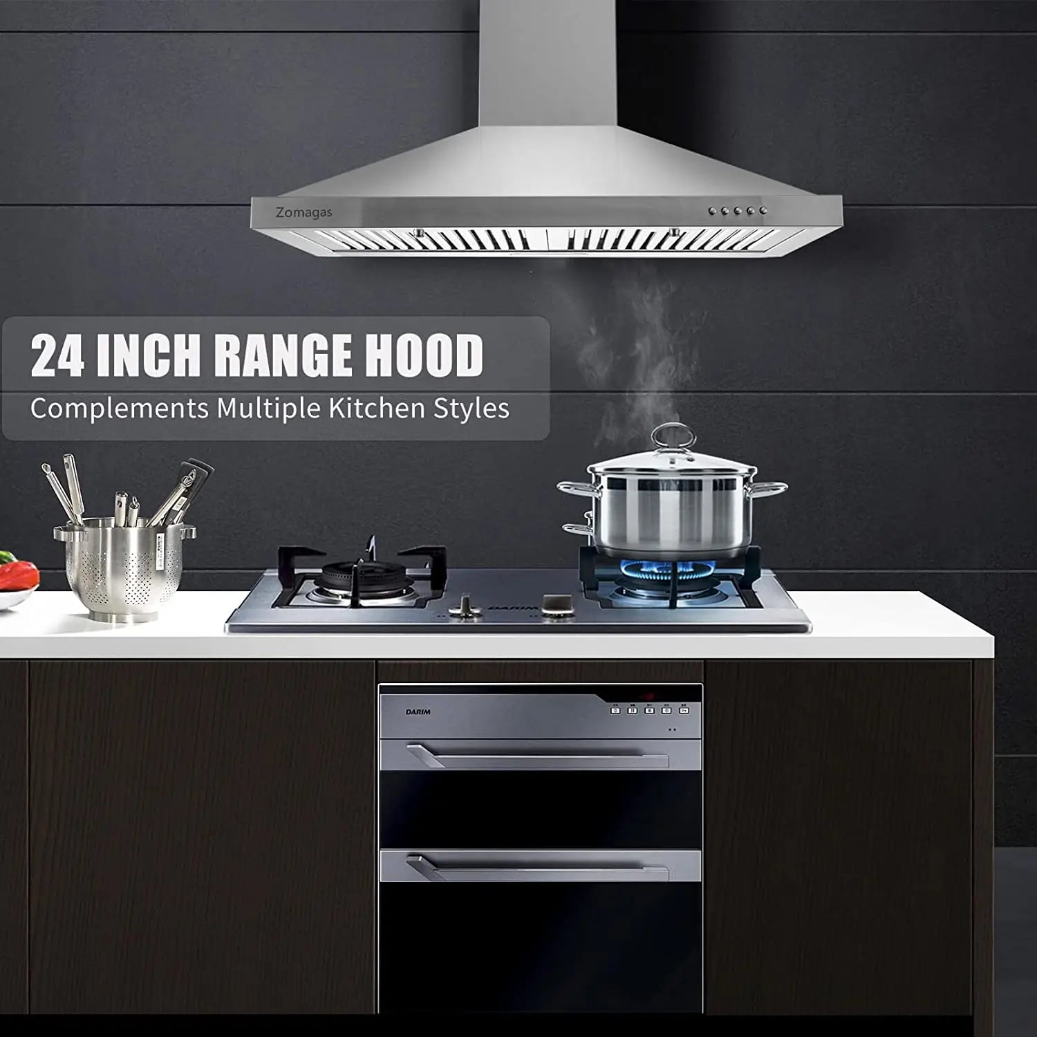 24 Inch Range Hood, Wall Mount Vent Hood in Stainless Steel 3 Speed Exhaust Fan, Energy Saving LED Light, Push Button Control