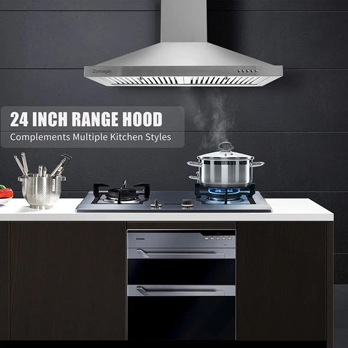24 Inch Range Hood, Wall Mount Vent Hood in Stainless Steel 3 Speed Exhaust Fan, Energy Saving LED Light, Push