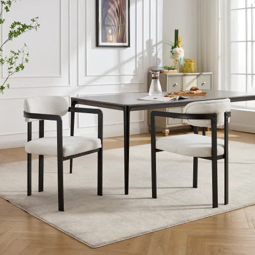 Mid-Century Modern Dining Chairs Set of 2  Soft Upholstered Fabric Chairs Black Metal Legs Ergonomic Comfort for Dining Room