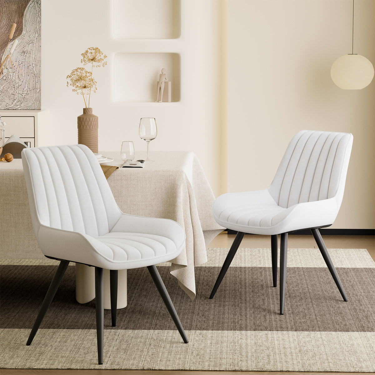 Ergonomic Modern Ribbed Dining Chair Premium Fabric Upholstered Waterproof Soft Adjustable Foot Pads Living Room Park (Set of 4)