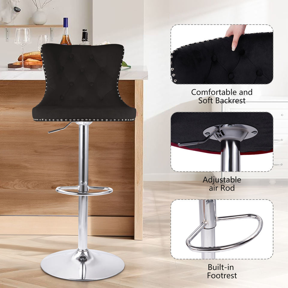Velvet Swivel Bar Stools Modern High Back Metal Footrest Adjustable Water Resistant for Hotel Dining Living Room Workshop (Set of 2)