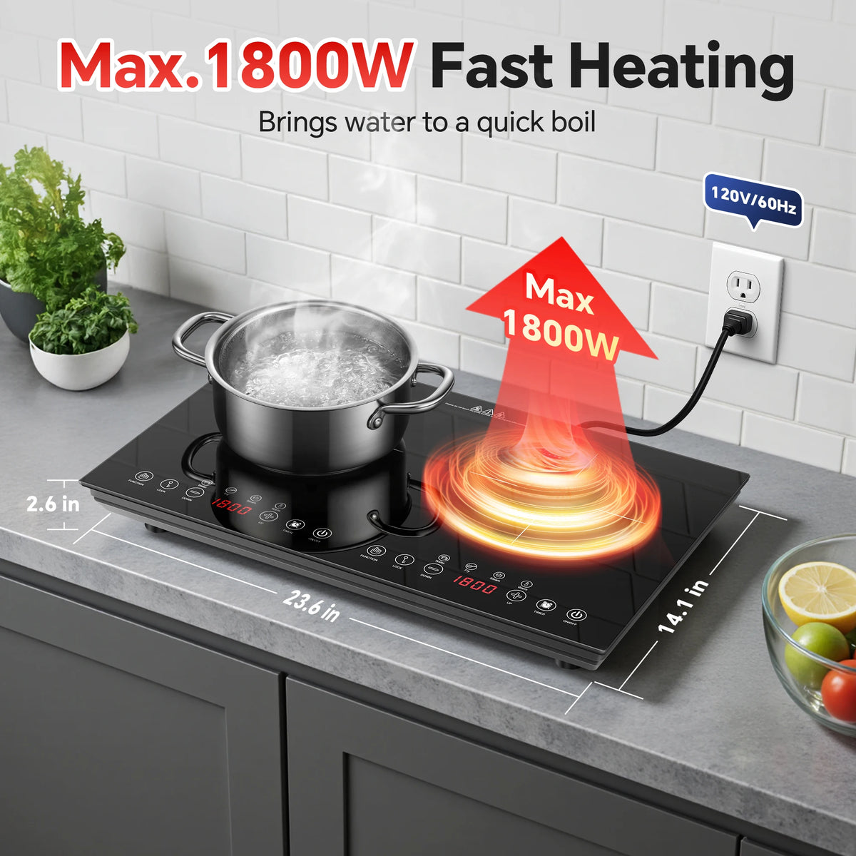 Portable Induction Cooktop 2 Burner-1800W Ultra Thin Design, Sensor Touch Control, Child Safety Lock & Timer | Electric Cooktop