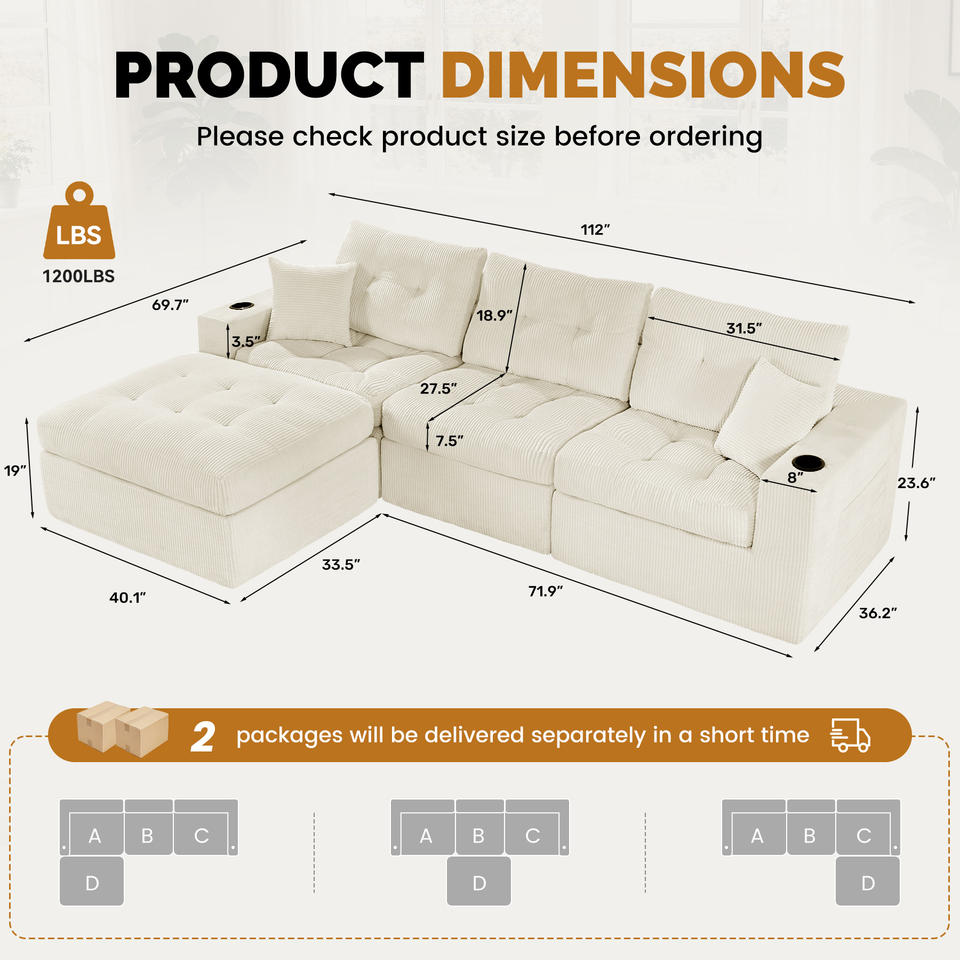 Modern Velvet Convertible Modular Sectional L-Shaped Sofa Genuine Leather High Resilience Foam Tufted Design Side Apartment