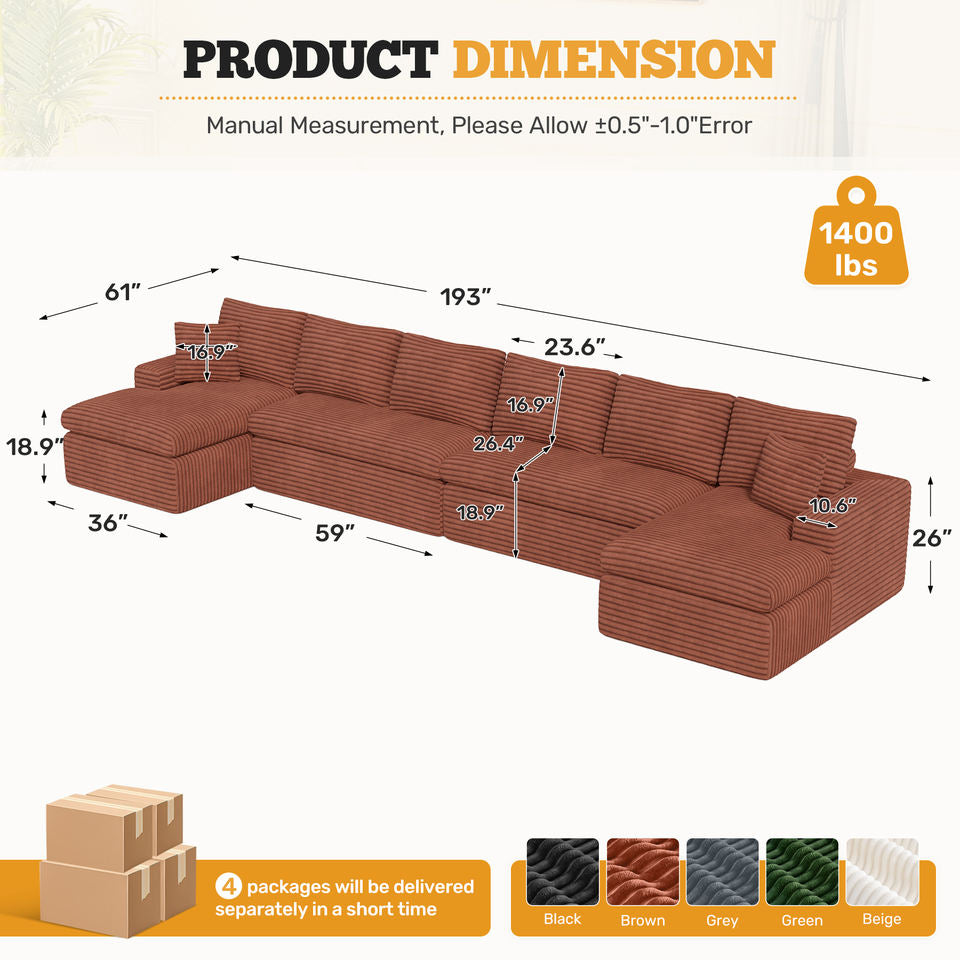 Corduroy Modular Sectional Extendable Convertible Vacuum Packed 8-Seater Square Sofa Deep Seats for Large Family