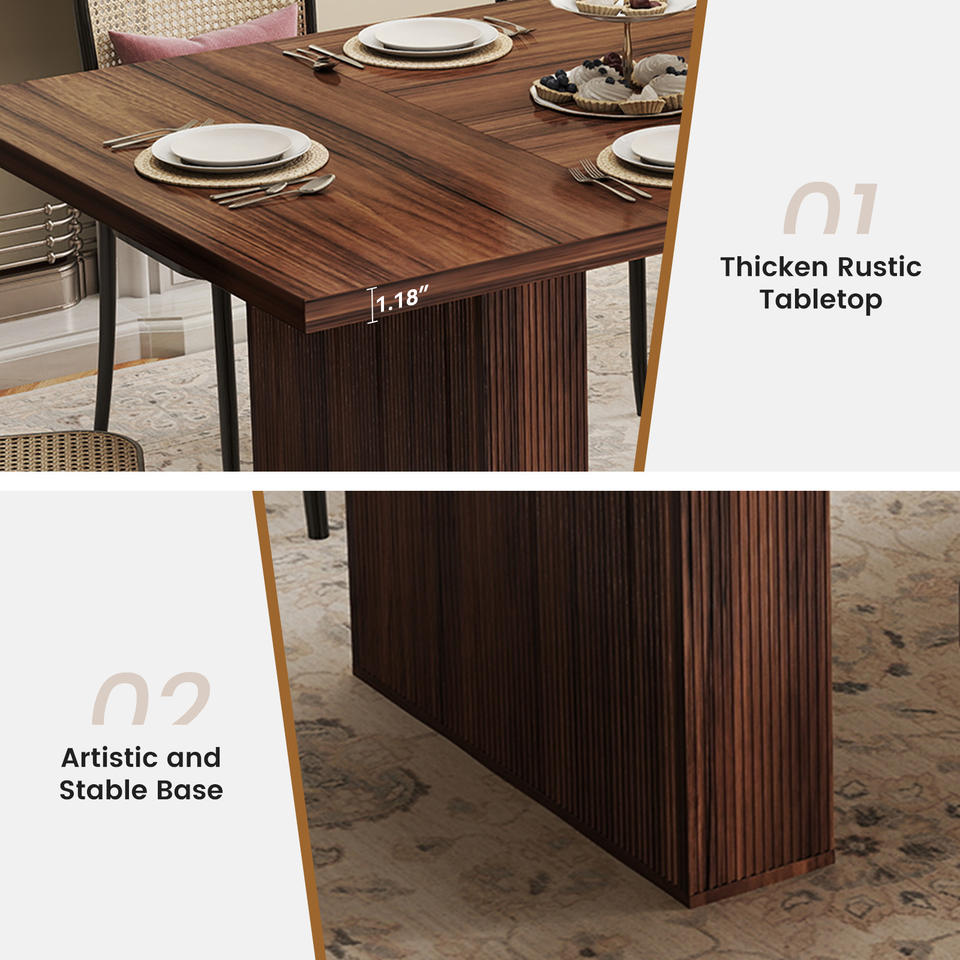 Rectangular Solid Wood Handmade Dining Table for 2 People Modern Farmhouse Design Grooved Wood-Strip Base Workshop Furniture