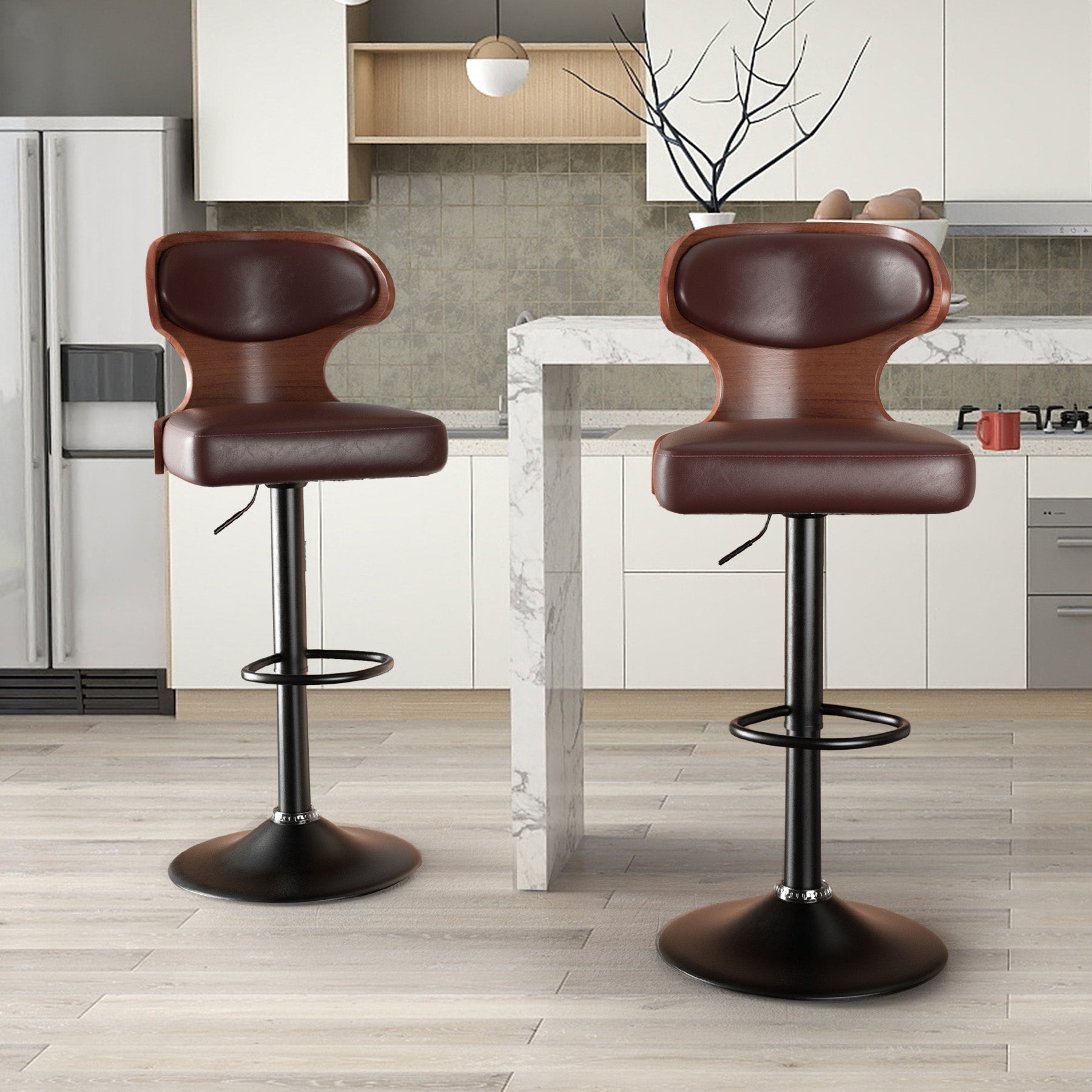 Ergonomic Modern Dual Color Steady PU Leather Bar Stool Swivel Height Adjustable Large Seat Hotel Outdoor Kitchen Counter Chair