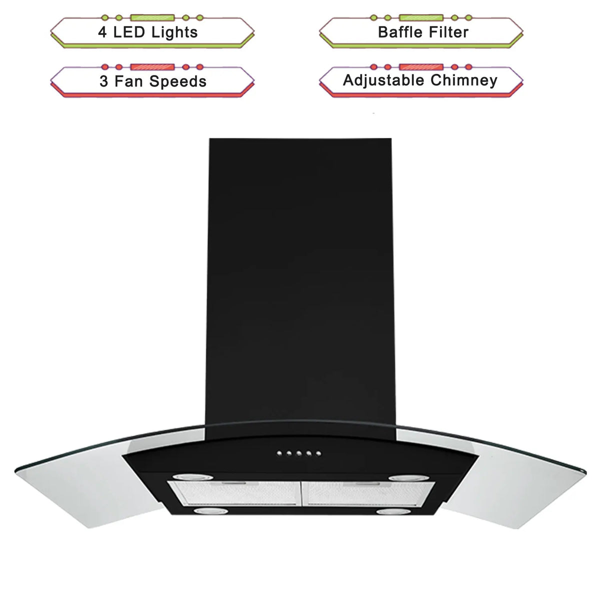 Island Range Hood Black 30 Inch 700CFM, Ceiling Mount Kitchen Vent Hood Stainless Steel , 5-layer Filters,  Tempered Glass