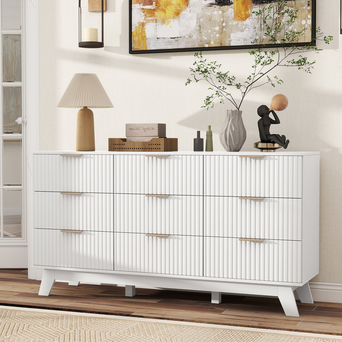 Modern Solid Oak Wood 9-Drawer Dresser Fluted Drawer Fronts Stainless Steel Gold Handles Anti-Collapse Design Freestanding