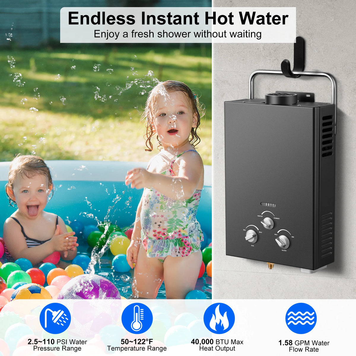 Outdoor Propane Tankless Water Heater - 6L 1.58 GPM Portable Gas Water Heater with Handle & Overheating Protection,
