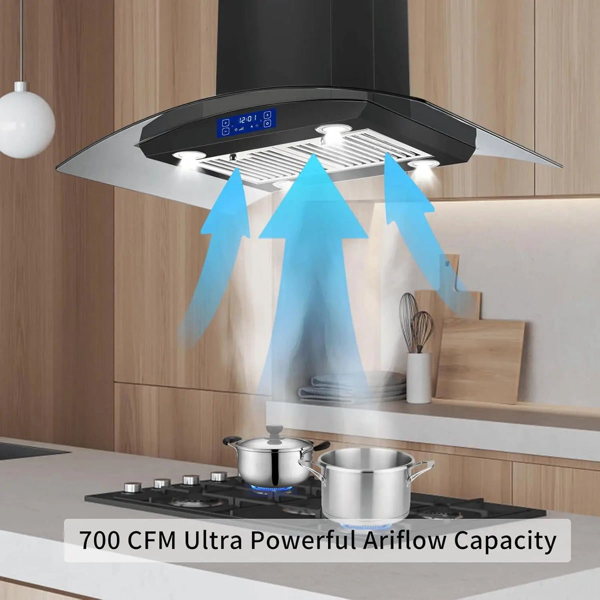 Island Range Hood 36 Inch 700 CFM Ceiling Mount Kitchen Stove Hood Ducted with Tempered Glass 4 LED Lights Gesture/Touch Control