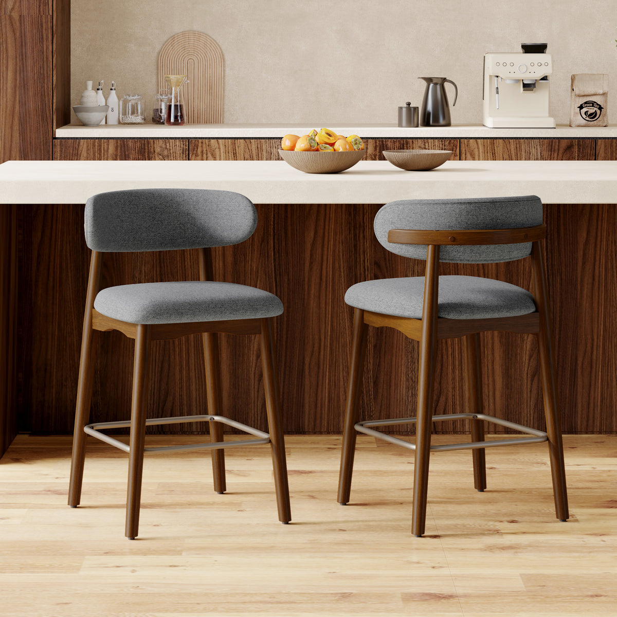 Eco-Friendly Fabric Durable Modern Bar Chair Solid Wood Frame 26.5 Inch Height Backrest for Kitchen Island Outdoor Hotel Use (Set of 3)