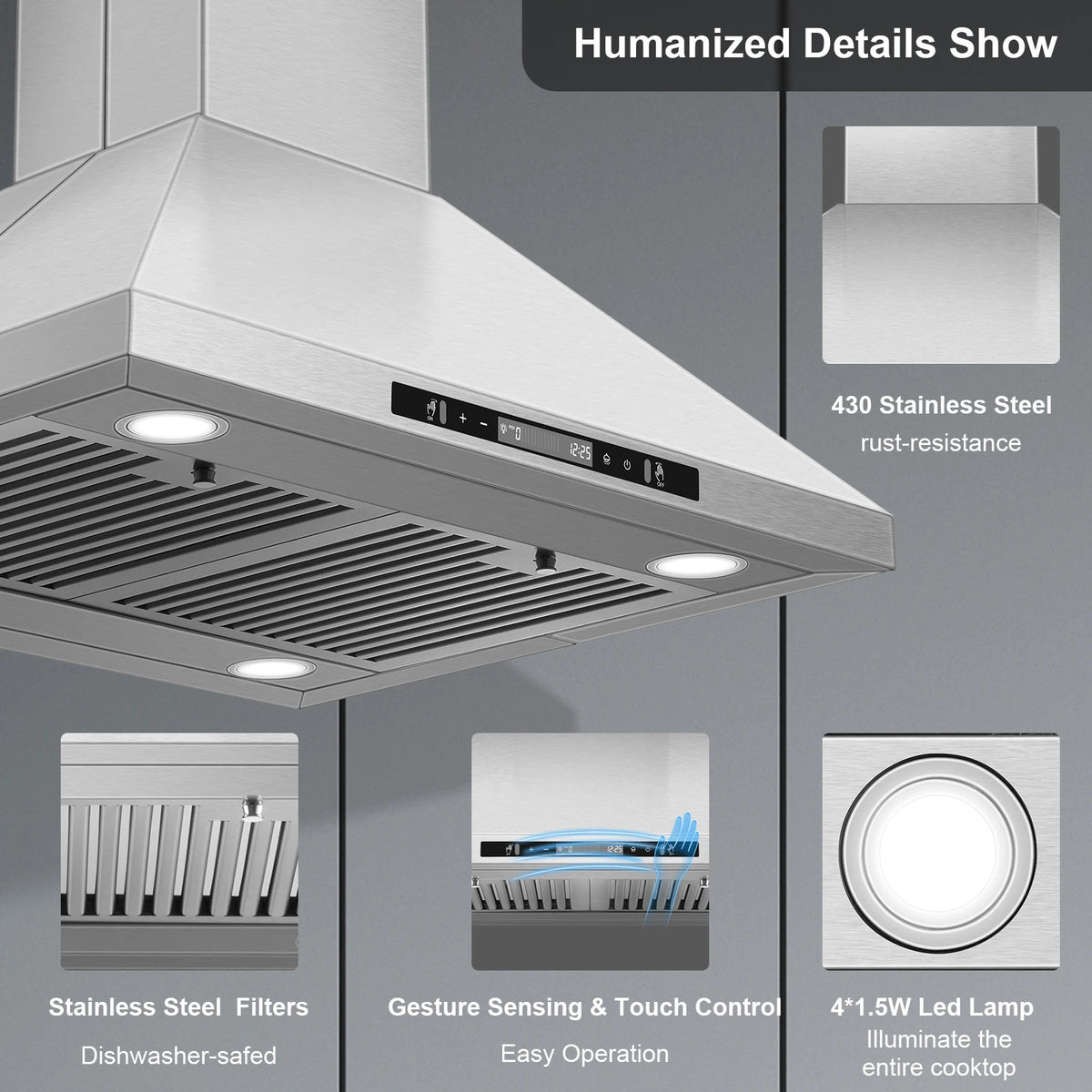 30" Island Range Hood 700 CFM Ceiling Mount Kitchen Vent Hood with Gesture/Touch Control, 3Speed Fan & 4 LED Lights,Time Setting