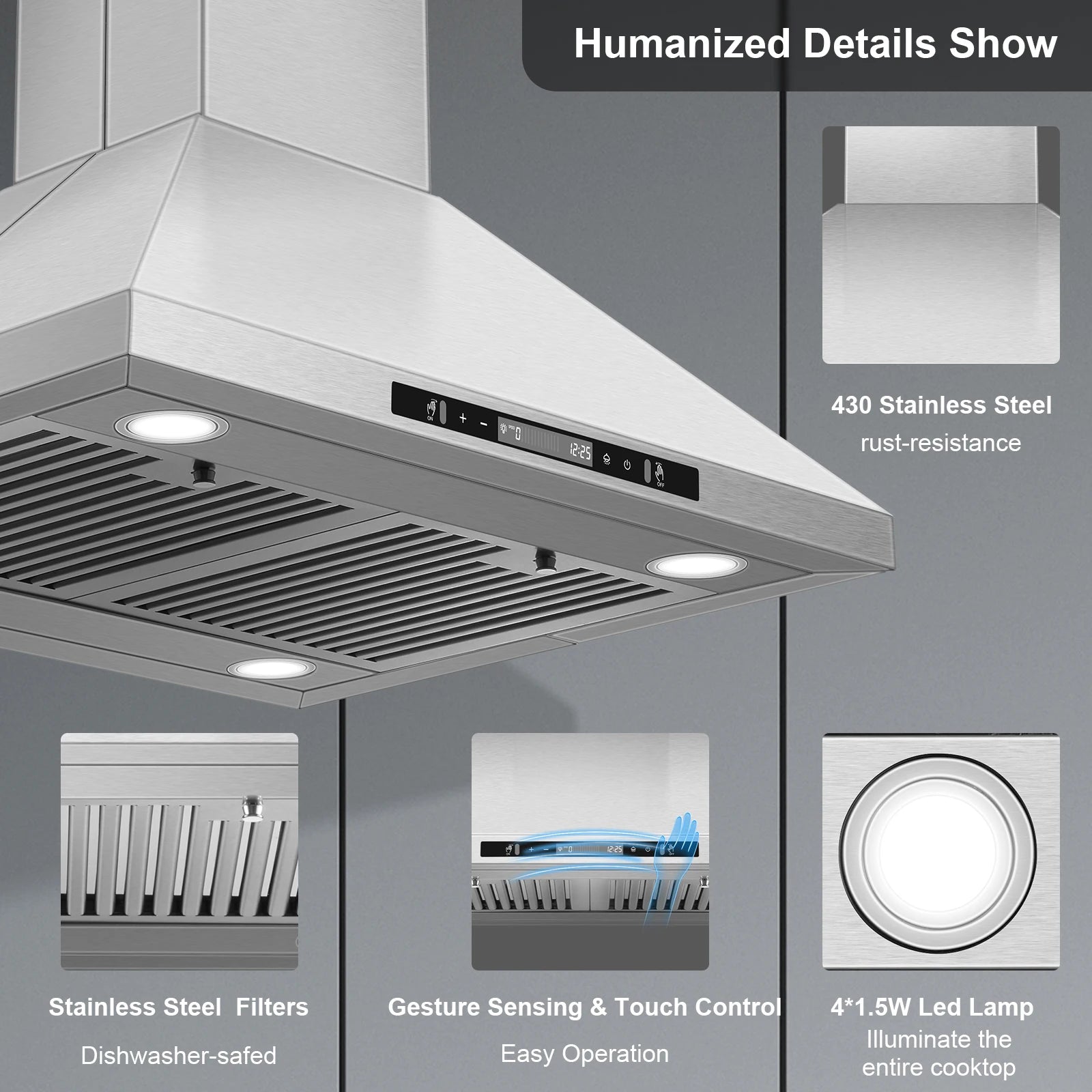 30" Island Range Hood 700 CFM Ceiling Mount Kitchen Vent Hood with Gesture/Touch Control, 3Speed Fan & 4 LED Lights,Time Setting