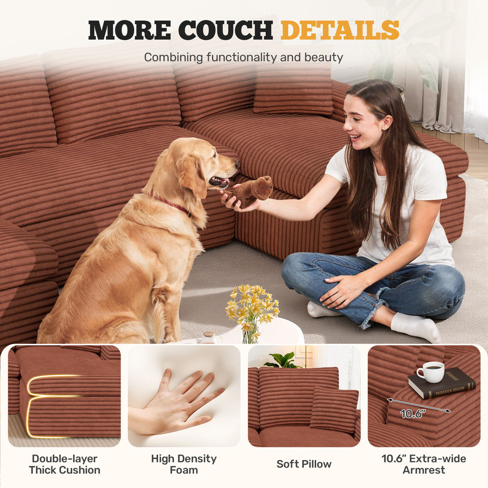 Corduroy Modular Sectional Extendable Convertible Vacuum Packed 8-Seater Square Sofa Deep Seats for Large Family