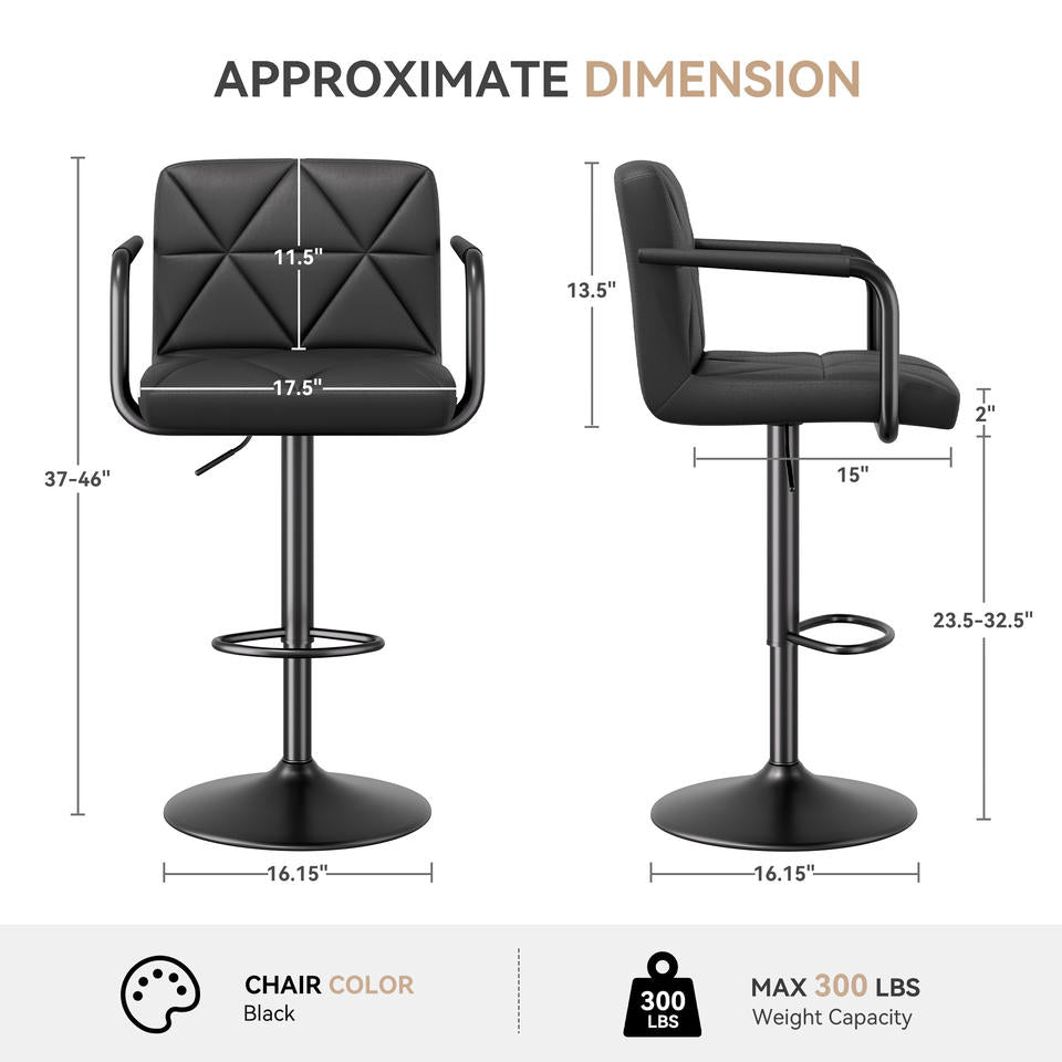 Modern Outdoor Home Bar Hotel Bar Stools Adjustable Height Swivel PU Leather Upholstered Iron Frame Square Counter Height (Set of 2)