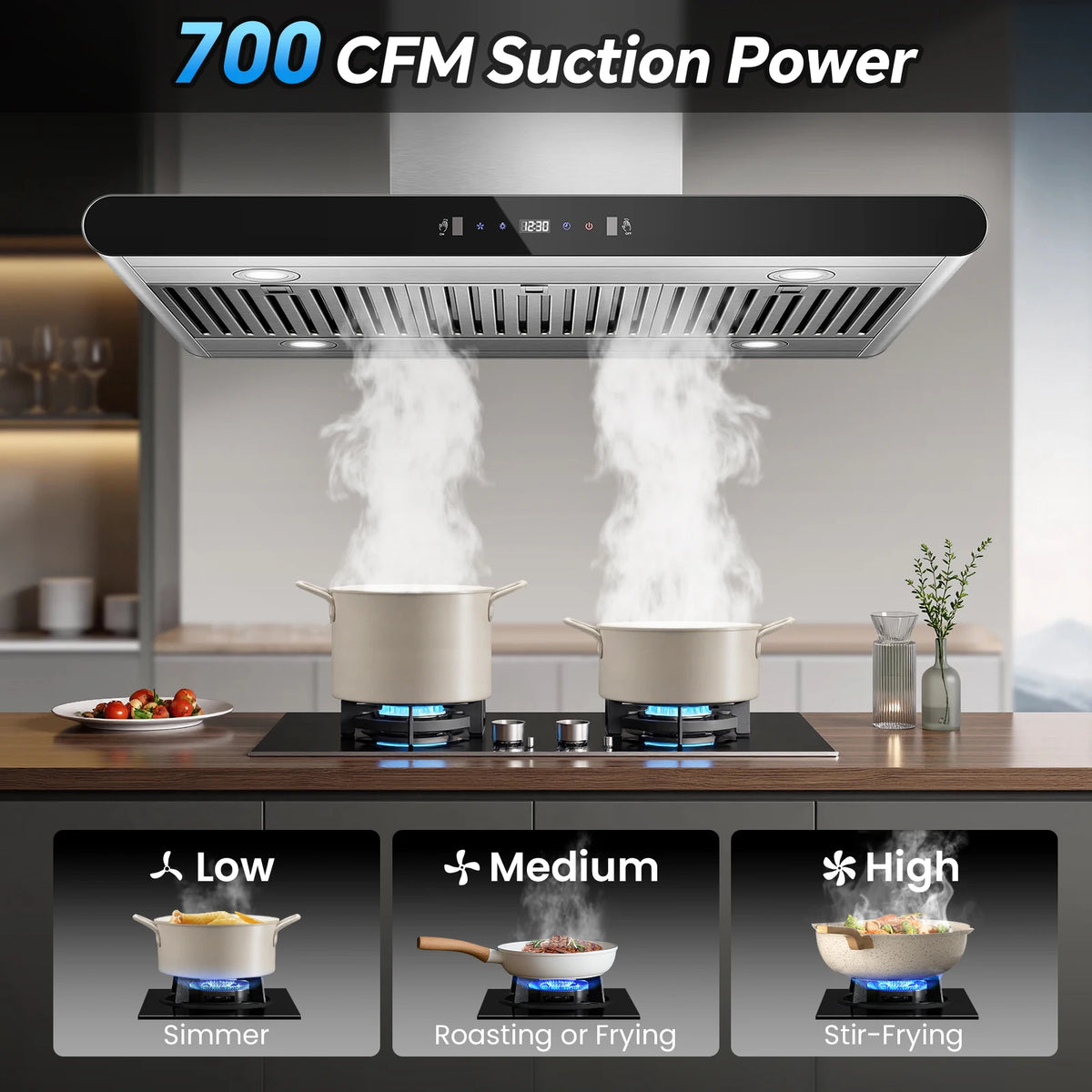 90cm Island Range Hood 36 Inch, 700 CFM Kitchen Hood with Dual-Sided Touch/Gesture/Remote Control, Ceiling Mount,3-Speed Fan