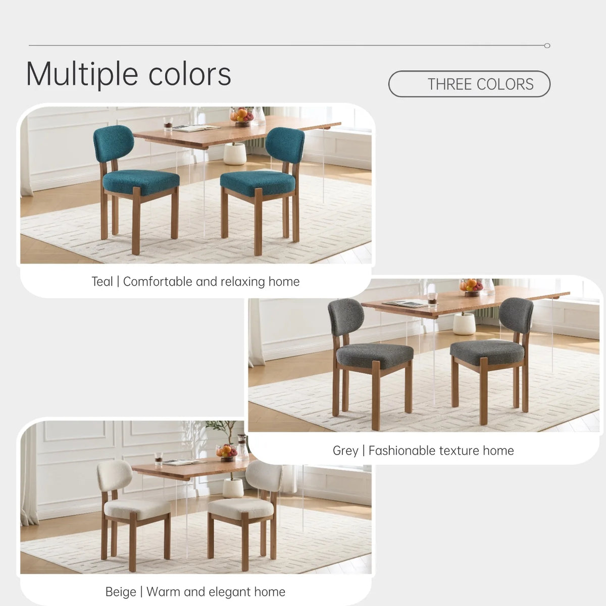 Modern Dining Room Chairs Set of 2, Minimalist Upholstered Chenile Fabric Kitchen Chair with Wooden Legs (Lake Blue/beige/grey)