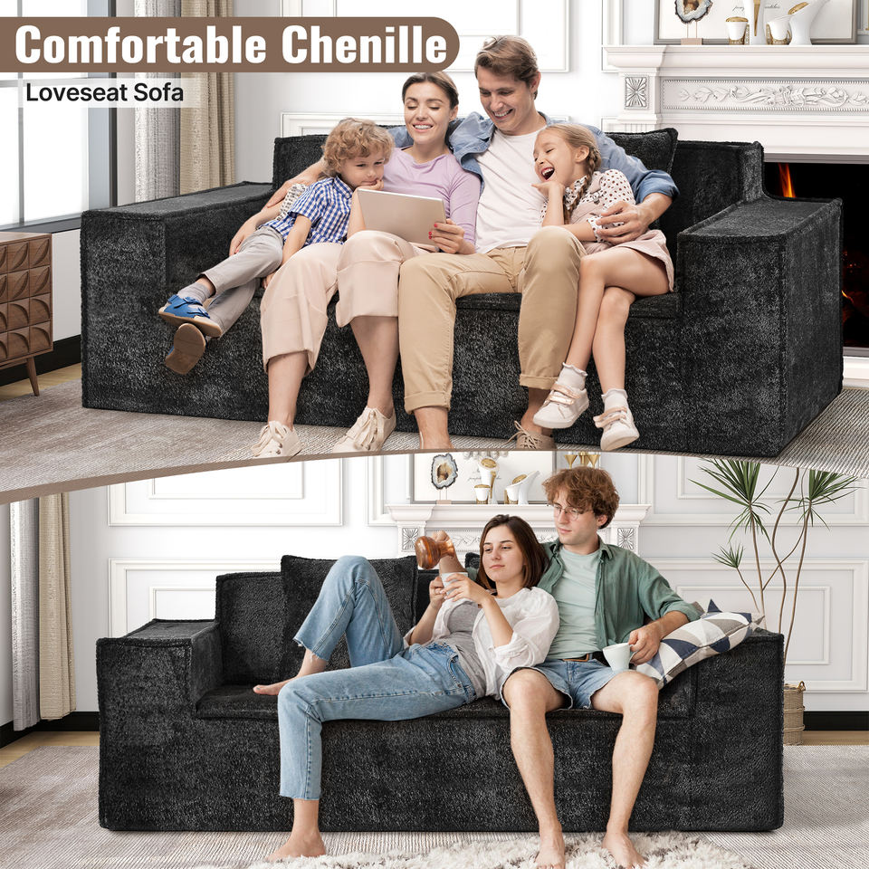 Modern Square Chenille Sofa Bed Set with Deep Seat Boneless Design Includes 2 Pillows-Living Room Bedroom Apartment