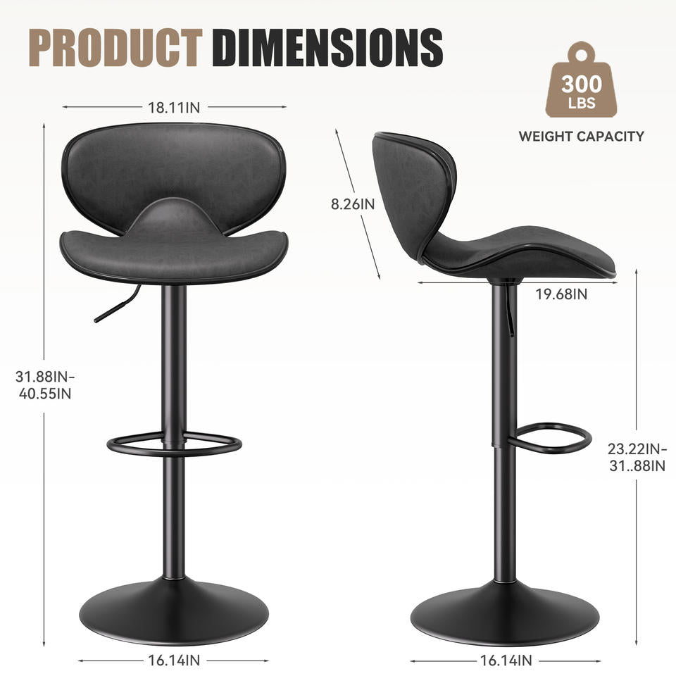 Modern PU Leather Adjustable Swivel Steady Iron Frame Barstools Outdoor Water Resistant Hotel Dining Living Room Thickened Seat (Set of 2)