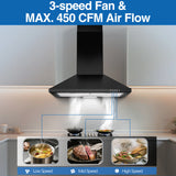 Black Range Hood,Wall Mount Range Hood 24 Inch,Stainless Steel Kitchen Hood Aluminum Filters,3 Speed Exhaust Fan LED Light