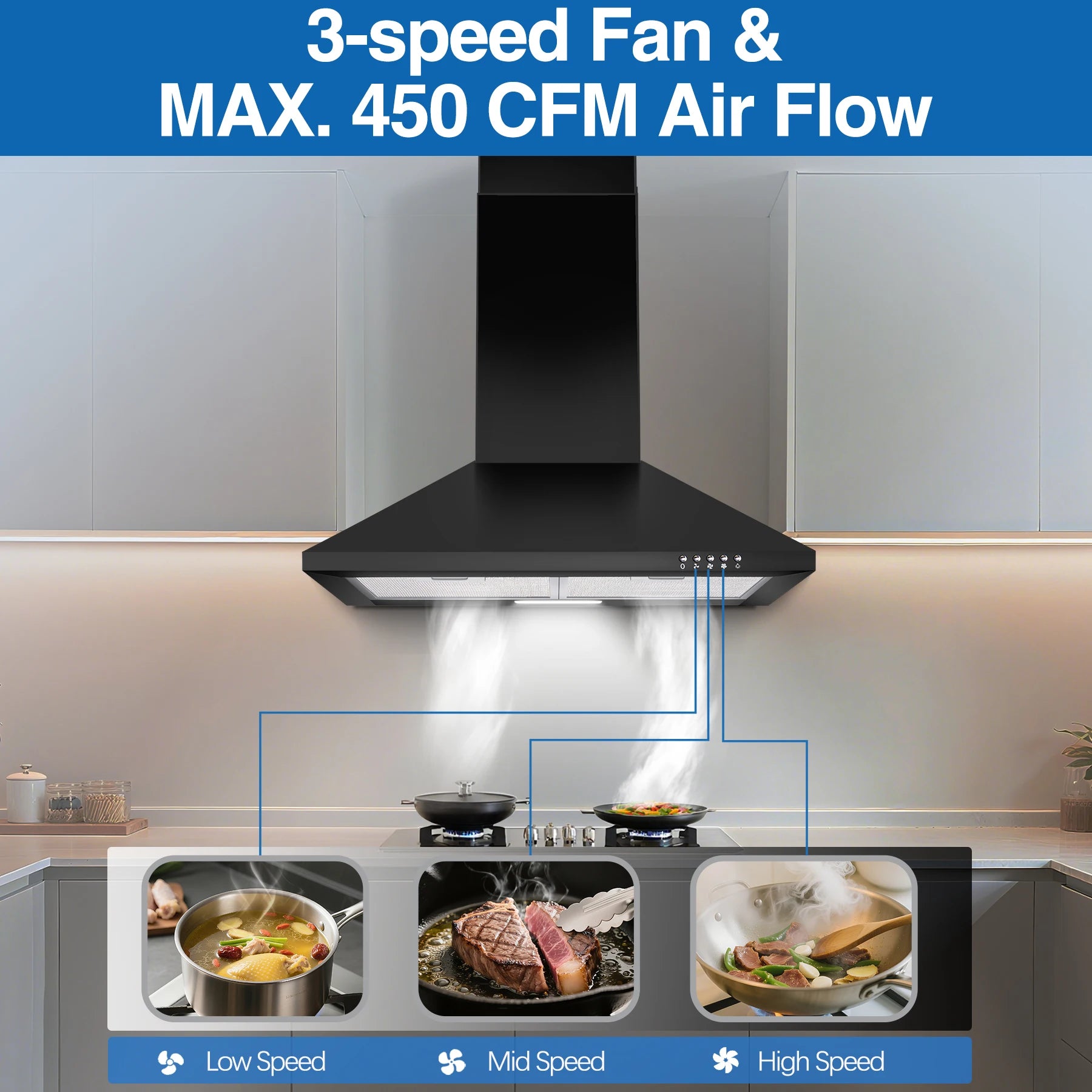 Black Range Hood,Wall Mount Range Hood 24 Inch,Stainless Steel Kitchen Hood Aluminum Filters,3 Speed Exhaust F - view 2