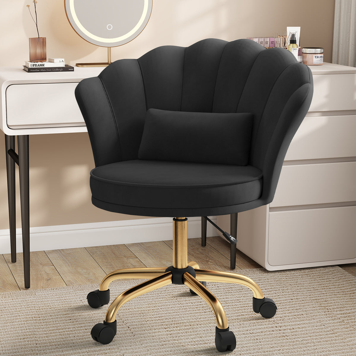 Modern Velvet Swivel Vanity Chair with Petal Back Ergonomic Design Height Adjustable for Bedroom Home Hotel Dressing Room