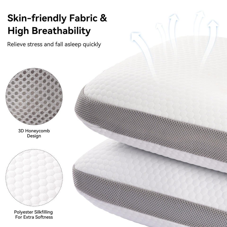 For Memory Foam Pillow Breathable 100% Polyester Honeycomb Cover Flame Retardant Removable Ergonomic for Neck Back Pain (Set of 2)