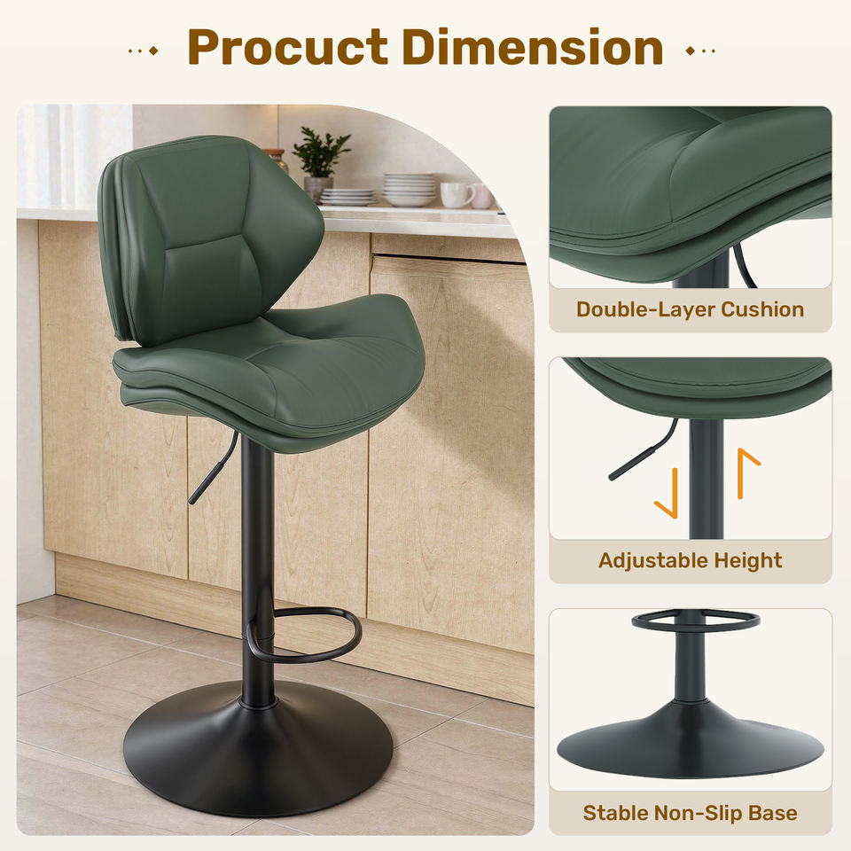 Modern Adjustable Steady Outdoor Rustic Bar Stools Ergonomic PU Leather Stainless Steel Frame Double-Layer Cushion Counter (Set of 2)
