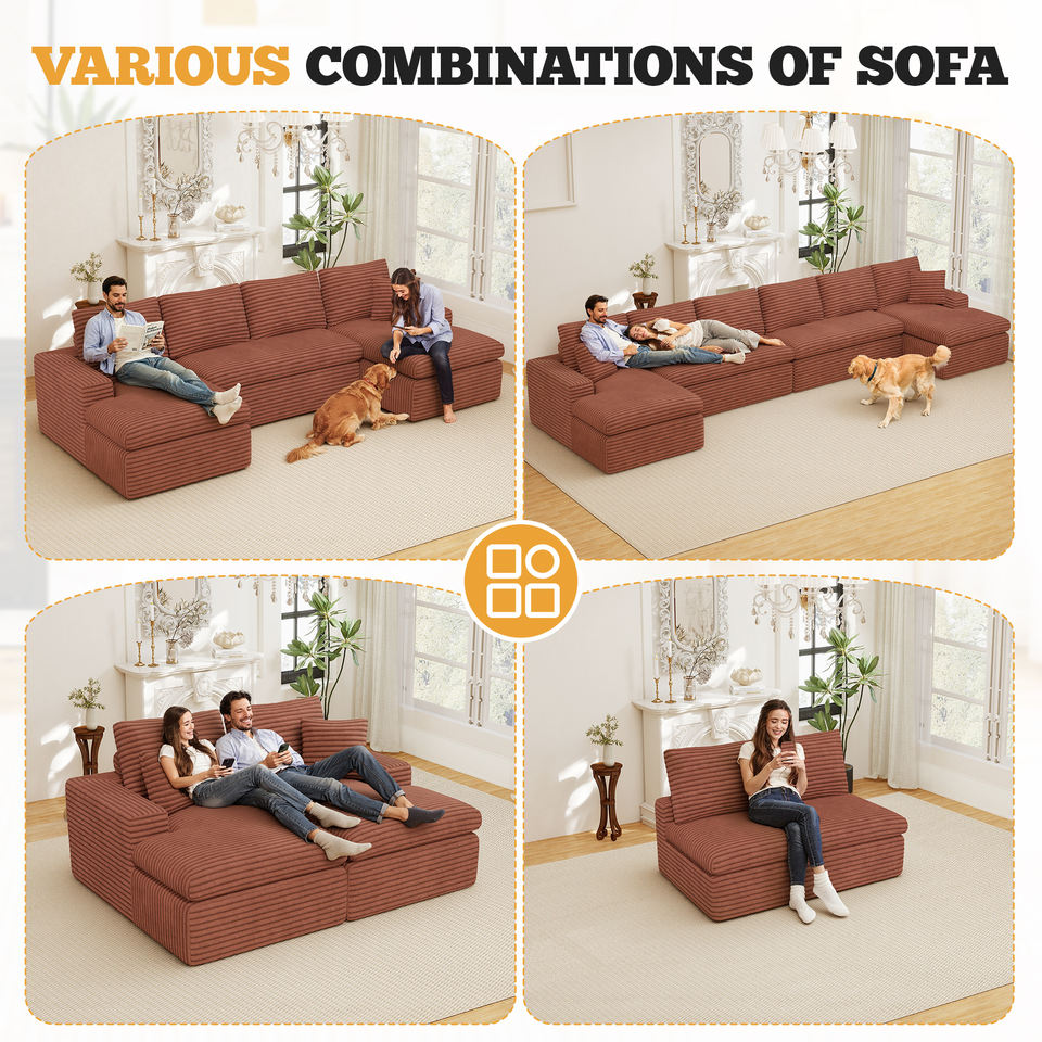 Corduroy Modular Sectional Extendable Convertible Vacuum Packed 8-Seater Square Sofa Deep Seats for Large Family