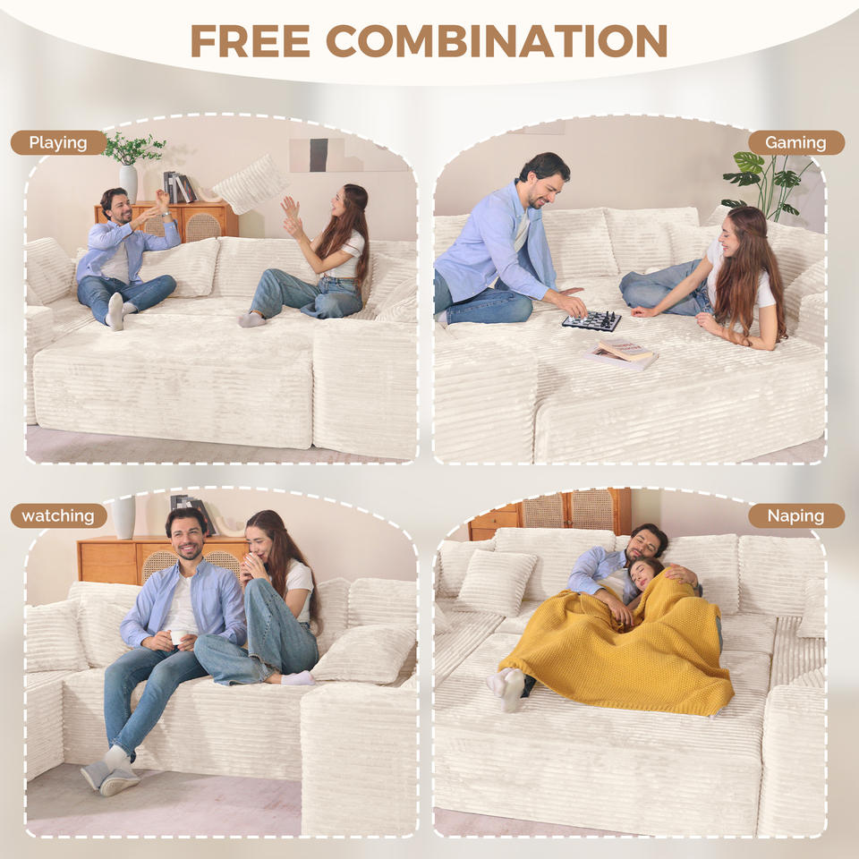 Modern Corduroy Modular Sofa Bed Set Sponge Filled Ergonomic Design No Assembly Pillows Apartment Mall Living Hotel School
