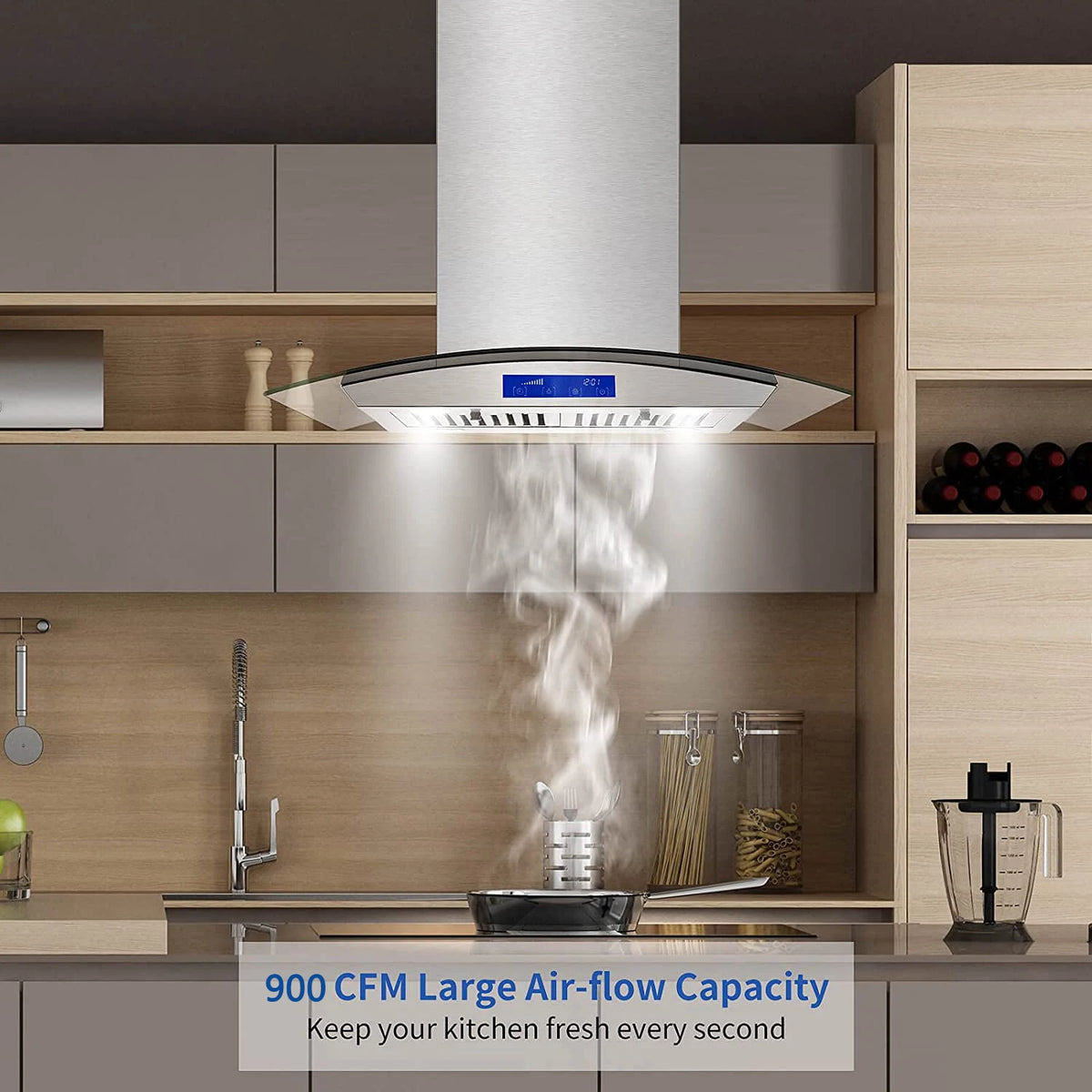 Island Range Hood 30 Inch 700 CFM Ceiling Mount Kitchen Vent Hood Tempered Glass with Color Gesture Sensing & Touch Control